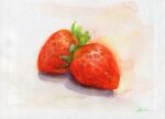  amima_amita food fruit highres no_humans original painting_(medium) realistic signature still_life strawberry traditional_media watercolor_(medium) white_background 