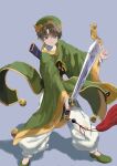  1boy absurdres brown_eyes brown_hair card cardcaptor_sakura green_footwear green_headwear grey_background highres li_xiaolang magical_boy shadow simple_background smile solo sword weapon yin_yang 