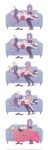  !? ... 2girls alternate_costume angry blanket blue_skirt book book_of_fuxi closed_eyes couch english_commentary fu_hua fu_hua_(herrscher_of_sentience) grey_hair hair_between_eyes highres holding holding_book honkai_(series) honkai_impact_3rd jingwei_(bird) lying multiple_girls on_back on_couch open_clothes reading red-framed_eyewear red_eyes simple_background skirt slippers sneezing sweater white_background zhaonan zzz 