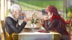  1boy 1girl bibimbub black_sleeves blue_eyes book chair eden_(honkai_impact) english_commentary flower highres holding honkai_(series) honkai_impact_3rd indoors kevin_kaslana kitchen long_hair long_sleeves looking_at_another open_hand red_scarf scarf second-party_source short_hair sitting table upper_body vase white_flower yellow_eyes 
