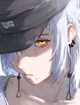  1girl absurdres black_headwear chainsaw_man ear_piercing earrings fami_(chainsaw_man) highres icebuko jewelry looking_at_viewer medium_hair mole mole_under_eye mole_under_mouth multiple_moles piercing ringed_eyes solo white_hair yellow_eyes 