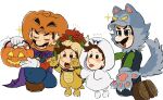 4boys animal_costume baby_luigi baby_mario basket big_nose blue_eyes blue_overalls boo_(mario) boo_(mario)_(cosplay) bowser bowser_(cosplay) brown_footwear brown_hair candy cape child claw_pose closed_eyes commentary cosplay facial_hair fangs food gloves green_shirt halloween highres jack-o&#039;-lantern_head kneeling lollipop luigi mario mimimi_(mimimim9999) multiple_boys mustache open_mouth overalls purple_cape red_shirt shirt shoes simple_background super_mario_bros. symbol-only_commentary tail teeth toddler tongue tongue_out upper_teeth_only white_background white_gloves wolf_costume wolf_paws wolf_tail 
