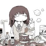  1girl :/ blush_stickers bottle brown_hair brown_theme chair chopsticks closed_eyes collared_shirt food food_request hand_up hatching_(texture) highres holding holding_chopsticks long_hair long_sleeves messy monochrome neck_ribbon noodles on_chair original ramen ribbon shirt simple_background sitting solo steam sweater_vest table torosakana upper_body 