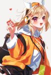  1girl black_skirt brand_name_imitation cellphone fang hair_ornament hairclip headphones heart jacket kitkat kokkovvv komori_met open_mouth orange_jacket phone simple_background skirt smartphone solo violet_eyes vspo! white_background 