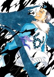  absurdres bandana_around_arm black_hair blue_eyes blue_jacket bruno_bangnyfe burn_the_witch dragon floating_clothes fur_collar fur_trim highres jacket ken&#039;ichi_(ken1ro_u) looking_back side_cut single_bang smirk 