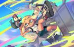  1girl :q bike_shorts black_footwear black_shorts blonde_hair bow_(weapon) braid domino_mask green_eyes highres inkling inkling_girl jumping kneepits legs legs_up long_hair mask minamidena pointy_ears shirt shoes short_sleeves shorts smile splatoon_(series) splatoon_3 suction_cups tentacle_hair thighs tongue tongue_out tri-stringer_(splatoon) weapon white_shirt 