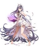  1girl bare_shoulders barefoot black_hair book breasts burnt_clothes chain choker clenched_teeth dress feather_hair_ornament feathers fire_emblem fire_emblem_engage fire_emblem_heroes floating floating_object full_body gloves glowing grey_hair hair_ornament highres kanda_done long_hair multicolored_hair non-web_source official_art one_eye_closed open_book parted_lips sleeveless small_breasts solo sweat sweatdrop teeth toes torn_clothes torn_dress torn_gloves transparent_background two-tone_hair veyle_(fire_emblem) violet_eyes white_dress 