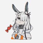  1girl :t animal_ear_fluff animal_ears arknights candy cheek_bulge coat ear_ornament food frostnova_(arknights) grey_eyes grey_hair hair_ornament hair_over_one_eye hairclip highres medium_hair one_eye_covered pale_skin rabbit_ears rabbit_girl ruozhe scar scar_on_face scar_on_nose simple_background solo upper_body white_background white_coat 