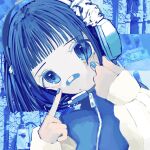  1girl bandaid bandaid_on_face bandaid_on_nose blue_theme blunt_bangs blunt_ends eyelid_pull hair_over_one_eye hands_on_own_face hands_up head_tilt headset highres jacket long_sleeves looking_at_viewer nail_polish original short_hair sleeves_past_wrists solo straight_hair upper_body urokogaran zipper zipper_pull_tab 