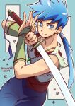  absurdres breath_of_fire breath_of_fire_iv green_eyes highres holding holding_sword holding_weapon jewelry looking_at_viewer maruno necklace red_sash ryuu_(breath_of_fire_iv) sash signature solo sword weapon 