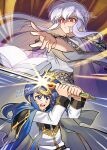  absurdres battle betabetamaru blue_eyes blue_hair fire_emblem fire_emblem:_genealogy_of_the_holy_war highres holding holding_sword holding_weapon julia_(fire_emblem) magic mind_control purple_hair red_eyes seliph_(fire_emblem) sword weapon 