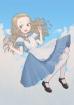  1girl alice_(alice_in_wonderland) alice_in_wonderland apron bangs_pinned_back black_footwear blonde_hair blue_dress blue_eyes blue_sky blush clouds commentary_request commission dress floating forehead full_body hands_up long_hair looking_at_viewer mary_janes omodaka_(nitera1041) open_mouth pantyhose partial_commentary puffy_short_sleeves puffy_sleeves shoes short_sleeves skeb_commission sky smile solo wavy_hair white_apron white_pantyhose 