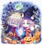  1boy 1girl aerith_gainsborough animal_ears arestear0701 bat_wings blonde_hair blue_eyes brown_hair bug candy castle cat_ears chocolate cloud_strife final_fantasy final_fantasy_vii final_fantasy_vii_remake food full_moon green_eyes halloween halloween_costume happy_halloween hat highres holding holding_wand moon night night_sky pointy_ears pumpkin ribbon sky spider star_(sky) starry_sky vampire_costume wand wings witch_hat 