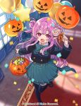  1girl :d arm_up balloon black_footwear black_jacket black_thighhighs blazer blue_bow blue_skirt bow candy cardfight!!_vanguard character_request collared_shirt commentary_request confetti cropped_jacket day double_bun fangs food hair_bun halloween_bucket holding holding_balloon holding_food indoors jack-o&#039;-lantern jacket loafers lollipop long_sleeves miyoshino official_art orange_bow pink_hair pleated_skirt pointy_ears school_uniform shirt shoes skirt smile solo standing standing_on_one_leg star_balloon sunlight swirl_lollipop thigh-highs two_side_up violet_eyes white_shirt window 