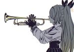  1girl absurdres black_gloves black_necktie black_ribbon blue_archive collared_shirt commentary_request covered_eyes from_side gloves grey_hair hair_ribbon halo high-waist_skirt highres holding holding_instrument holding_trumpet instrument iori_(blue_archive) long_hair long_sleeves music necktie playing_instrument pointy_ears profile ribbon shirt simple_background skirt solo trumpet twintails upper_body w_wakase white_background 