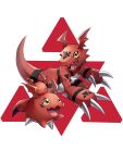  3others absurdres claws closed_eyes digimon digimon_(creature) digital_hazard evolutionary_line gigimon guilmon highres jyarimon logo looking_at_another multiple_others no_humans open_mouth shadowgarion simple_background transparent_background wings yellow_eyes 