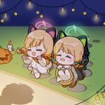  2girls animal_ear_headphones animal_ears basket blue_archive cat_ear_headphones chibi closed_eyes fake_animal_ears ghost_costume halo happy headphones highres holding holding_basket midori_(blue_archive) momoi_(blue_archive) multiple_girls orange_hair siblings sisters twins uz_(uzru0428) 