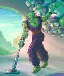  1boy antennae arm_up biceps black_nails blue_sky boots closed_mouth clouds collarbone colored_skin commentary_request day dougi dragon_ball dragon_ball_super dragon_ball_super_super_hero fingernails floating frown full_body green_skin highres holding_vacuum_cleaner indoors koukyouji levitation long_fingernails male_focus mountain muscular muscular_male namekian pants pectorals piccolo pointy_ears purple_pants red_sash sash serious sky solo standing stuffed_animal stuffed_toy v-shaped_eyebrows vacuum_cleaner window yellow_footwear 