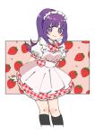  1girl apron arms_behind_back black_socks blunt_bangs blush bow bowtie breasts closed_mouth collared_dress commentary_request cropped_legs dress food frilled_apron frilled_dress frills fruit hachimu_yan hanazono_shuuka heart highres idol_time_pripara kneehighs long_hair looking_at_viewer maid maid_headdress medium_breasts plaid plaid_bow plaid_dress ponytail pretty_(series) pripara puffy_short_sleeves puffy_sleeves purple_hair red_bow red_bowtie red_dress short_sleeves smile socks solo standing strawberry violet_eyes white_apron 