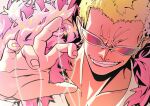  1boy absurdres artist_name blonde_hair coat collarbone commentary donquixote_doflamingo earrings evil_smile feather_coat highres jewelry male_focus mygiorni one_piece short_hair smile solo string sunglasses teeth white-framed_eyewear 