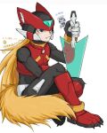  2boys android animal_ears blonde_hair commentary_request cyber_elf_x_(mega_man) helmet holding holding_sword holding_weapon long_hair male_focus mega_man_(series) mega_man_zero_(series) multiple_boys simple_background sitting sword tail translation_request weapon wolf9431 wolf_boy wolf_ears wolf_tail x_(mega_man) z_saber zero(z)_(mega_man) zero_(mega_man) 