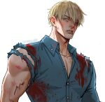  1boy blonde_hair blood blood_on_clothes blue_shirt brown_eyes buttons collarbone collared_shirt english_commentary injury jujutsu_kaisen lips looking_at_viewer male_focus mistermagnolia nanami_kento one_eye_closed parted_lips shirt short_hair solo teeth torn_clothes torn_shirt torn_sleeves upper_body upper_teeth_only 
