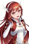  1girl absurdres breasts caeldori_(fire_emblem) detached_sleeves fire_emblem fire_emblem_fates gloves hairband highres looking_at_viewer open_mouth red_eyes red_gloves ryo-suzuki shoulder_pads small_breasts smile solo upper_body white_background wing_hair_ornament 