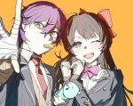  1boy 1girl bandaged_hand bandages blazer blush bow bowtie collared_shirt commentary_request confetti hair_bow heart heart_hands holding_party_popper jacket kenmochi_touya kenmochi_touya_(1st_costume) light_blush long_hair looking_at_viewer mouth_hold necktie nijisanji one_eye_closed orange_background party_horn pink_bow pink_bowtie popoyu purple_hair reaching reaching_towards_viewer red_bow red_necktie school_uniform shirt short_hair side-by-side simple_background sketch smile tsukino_mito tsukino_mito_(1st_costume) upper_body violet_eyes virtual_youtuber white_shirt yellow_eyes 