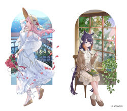  2girls blunt_bangs book book_on_lap bracelet breasts brown_cardigan brown_slippers cardigan center-flap_bangs chair commentary_request company_name copyright_notice dress falling_petals flat_chest floral_print floral_print_dress flower food footwear_ribbon from_side full_body glasses gradient_hair hand_on_headwear hat hat_flower holding holding_flower holding_removed_eyewear hololive hololive_english jacket jewelry long_dress long_hair long_sleeves looking_at_viewer medium_dress mole mole_under_eye mori_calliope multicolored_hair multiple_girls ne-on necklace ninomae_ina'nis official_art on_chair open_cardigan open_clothes open_jacket orange_hair petals pink_eyes pink_hair plant plate pointy_ears print_dress purple_hair red_flower red_rose rose sample_watermark sandals sitting sleeveless sleeveless_dress slippers socks standing sun_hat tentacle_hair unworn_eyewear very_long_hair violet_eyes virtual_youtuber watermark white_background white_dress white_flower white_jacket wooden_chair 
