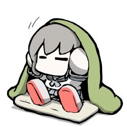  1girl breasts chibi chibi_only closed_eyes commentary_request fubuki_(kancolle) futon grey_hair grey_sailor_collar grey_skirt kantai_collection medium_breasts no_mouth pleated_skirt sailor_collar sailor_shirt school_uniform serafuku shirt simple_background skirt solo task_(s_task80) under_covers white_background 