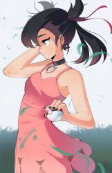  1girl absurdres armpit_crease asymmetrical_bangs bare_arms black_choker black_hair black_nails breasts choker closed_mouth dress earrings facing_to_the_side gjh grass green_eyes highres holding holding_poke_ball jewelry looking_ahead marnie_(pokemon) pink_dress poke_ball poke_ball_(basic) pokemon pokemon_swsh small_breasts solo stud_earrings twintails 