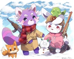  1boy 1girl ak-47 assault_rifle brown_coat clouds coat combat_helmet commentary_request drawstring furry furry_female gun helmet hood hoodie kalashnikov_rifle long_sleeves outdoors pink_hoodie pleated_skirt rabbit_girl raccoon raccoon_boy red_eyes red_scarf rifle riflee roku_(rokkrn) scarf skirt super_animal_royale super_fox super_lizard super_white_bunny super_woodland_raccoon thick_eyebrows trench_coat weapon winter 