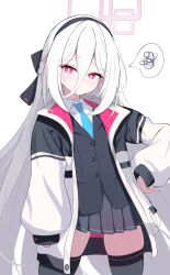  1girl arm_at_side black_bow black_skirt black_thighhighs black_vest blue_archive blue_necktie blush bow bright_pupils closed_mouth collared_shirt commentary cowboy_shot double-parted_bangs frown furrowed_brow hair_between_eyes hair_bow half_updo halo hand_on_own_hip highres jacket kei_(blue_archive) kei_(new_body)_(blue_archive) long_hair long_hair_between_eyes looking_at_viewer miniskirt necktie nuuuukoame open_clothes open_jacket pink_halo pleated_skirt rectangular_halo red_eyes ringed_eyes school_uniform shirt sidelocks simple_background skindentation skirt sleeves_past_wrists solo speech_bubble spoken_squiggle squiggle straight_hair thigh-highs thighs very_long_hair vest white_background white_hair white_jacket white_pupils white_shirt zettai_ryouiki 