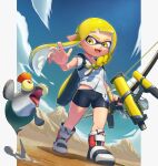  1girl absurdres arm_up bike_shorts black_shorts blonde_hair boots bow_(weapon) braid clouds domino_mask fangs fish full_body highres inkling inkling_girl long_hair mask open_mouth outdoors phonixlight pointy_ears shirt short_shorts short_sleeves shorts sky smallfry_(splatoon) smile splatoon_(series) splatoon_3 suction_cups tentacle_hair thighs tri-stringer_(splatoon) weapon white_footwear white_shirt yellow_eyes 