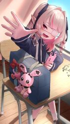  1girl :3 absurdres bag bag_charm black_shoes blazer blue_jacket blue_necktie blue_ribbon blue_sailor_collar blush cellphone chair charm_(object) classroom collared_shirt colored_inner_hair curtains debitto_(makaino_ririmu) desk drill_hair eyepatch fangs full_body grey_hair hair_intakes hair_ribbon heart highres holding holding_phone jacket lapels leg_ribbon long_hair long_sleeves looking_at_viewer loose_socks makaino_ririmu medical_eyepatch monitoring_(vocaloid) multicolored_hair necktie nijisanji notched_lapels official_alternate_costume official_alternate_hairstyle on_chair open_clothes open_hand open_jacket open_mouth phone phone_with_ears pink_hair pink_streaks pointy_ears rabbit_ear_smartphone_case reaching reaching_towards_viewer red_eyes ribbon sailor_collar school_bag school_chair school_desk school_uniform shirt shoes sidelocks signature sitting sky sleeves_past_wrists smartphone smartphone_case smile socks solo streaked_hair stuffed_animal stuffed_rabbit stuffed_toy tie_clip two-tone_hair two_side_up virtual_youtuber w2_uo white_shirt white_socks window wooden_floor 