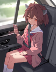  1girl ahoge brown_hair car_interior cardigan cellphone commentary_request dress expressionless flat_chest headgear highres looking_at_viewer phone red_eyes sailor_dress short_hair sitting smartphone solo touhoku_kiritan variant_set voiceroid yamamomo_(plank) 