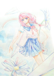  1girl aqua_eyeshadow artist_name bare_arms blue_sailor_collar blue_skirt braid chinese_commentary closed_mouth collarbone commentary_request cowboy_shot daisy_(flower) day envelope eyelashes eyeshadow floating floating_hair flower happy high-waist_skirt highres holding holding_envelope light_blush long_hair looking_at_viewer love_letters_to_the_sky_(miracle_nikki) low_twin_braids makeup miniskirt miracle_nikki muriel_miaoke neckerchief nikki_(series) outdoors outline painting_(medium) paper_airplane pink_hair pink_neckerchief pleated_skirt sailor_collar school_uniform serafuku shirt short_sleeves skirt smile solo traditional_media twin_braids violet_eyes watercolor_(medium) wax_seal white_flower white_outline white_shirt 