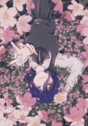  1girl black_dress black_ribbon breasts chainsaw_man cherry_blossoms collared_shirt cowboy_shot dress falling_petals field flower flower_field gerbera grass green_eyes hair_between_eyes highres holding holding_flower light_blush light_smile looking_at_viewer lying medium_breasts medium_hair neck_ribbon noichigo_f official_alternate_costume on_back outdoors outstretched_hand parted_lips petals pinafore_dress pink_flower pink_nails pink_petals purple_hair reze_(chainsaw_man) ribbon school_uniform shirt shirt_under_dress sleeveless sleeveless_dress solo twitter_username white_flower white_shirt 