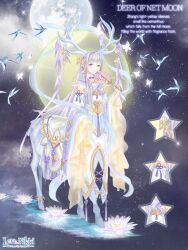  1girl antlers artist_request bird blue_horns blunt_bangs centaur close-up closed_mouth clouds deer_antlers deer_of_net_moon_(miracle_nikki) detached_sleeves flock flower flower_knot frilled_sleeves frills full_body full_moon ginkgo_leaf green_eyes grey_hair hagoromo hand_fan holding holding_fan horns large_horns leaf lips long_hair long_sidelocks long_sleeves lotus miracle_nikki moon night nikki_(series) official_art outdoors purple_flower purple_hanfu purple_ribbon purple_shawl ribbon shawl sidelocks sky sleeve_ribbon smile solo star_(sky) star_(symbol) starry_sky straight_hair swallow_(bird) tassel taur third-party_source tuanshan very_long_hair violet_eyes walking walking_on_liquid water white_sleeves 