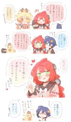  3girls alice_thymefield animal_ear_fluff animal_ears belle_(delicate_sunlight)_(zenless_zone_zero) belle_(zenless_zone_zero) black_gloves black_sailor_collar blonde_hair blue_hair blush braid braided_twintails cardigan chest_bow chinese_clothes closed_eyes colored_speech_bubble commentary_request crossed_bangs dress dress_over_shirt earrings fingerless_gloves gloves green_eyes hair_ornament hearing_aid heart heterochromia highres jewelry kamanosuke_(zenless_zone_zero) letter_hair_ornament long_hair multiple_girls notice_lines official_alternate_costume open_mouth orange_dress pink_cardigan rabbit_ears rabbit_girl raccoon rebecca_(keinelove) red_eyes red_hair sailor_collar shirt short_hair simple_background sparkle speech_bubble sphere_hair_ornament sweatdrop tanuki thought_bubble translation_request ukinami_yuzuha white_background white_shirt yellow_eyes zenless_zone_zero 