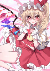  1girl absurdres blonde_hair blush commentary_request crystal_wings dress flandre_scarlet frilled_dress frills hand_on_own_face hat heart heart-shaped_pupils highres mob_cap pointy_ears red_eyes red_skirt rori82li skirt solo symbol-shaped_pupils touhou wings 