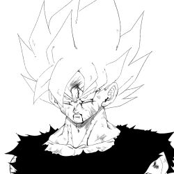  1girl 1rasutotoukou battle_damage blood blood_from_eyes dragon_ball dragon_ball_z greyscale hashtag-only_commentary highres medium_hair monochrome muscular muscular_male shirt simple_background solo son_goku spiky_hair torn_clothes torn_shirt upper_body 