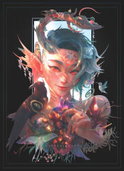  1girl absurdres artist_name bare_shoulders beetle bird black_background bug butterfly closed_mouth collarbone commentary crow earrings english_commentary eyelashes fantasy fins flower forehead_tattoo gills green_hair hair_flower hair_ornament head_fins highres holding holding_flower horns jewelry kolibri ladybug leaf lips looking_at_viewer mouse_(animal) nose original paul_nong pink_nails portrait red_eyes short_hair signature single_horn smile solo tattoo 