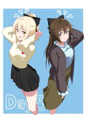  2girls 89ru0 absurdres black_bow black_jacket black_skirt blue_background blue_eyes blue_shirt border bow brown_hair closed_mouth commentary_request frilled_shirt frills green_skirt hair_bow half_updo highres jacket long_sleeves looking_at_viewer love_live! love_live!_nijigasaki_high_school_idol_club medium_skirt miniskirt miyashita_ai multiple_girls notice_lines open_clothes open_jacket osaka_shizuku pleated_skirt shirt simple_background skirt smile white_border white_shirt 