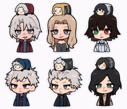  2girls 4boys beard_stubble black_hair blonde_hair blue_eyes chibi dante_(devil_may_cry) devil_may_cry_(series) devil_may_cry_5 facial_hair green_eyes heterochromia iluvmyhamster69 lady_(devil_may_cry) long_hair multiple_boys multiple_girls nero_(devil_may_cry) red_eyes simple_background smile stubble stuffed_toy trish_(devil_may_cry) v_(devil_may_cry) vergil_(devil_may_cry) white_background white_hair 