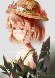  absurdres bare_shoulders bob_cut brown_eyes brown_hair brown_hat chinese_commentary closed_mouth collarbone commentary_request dated dot_nose dress english_text expressionless eyelashes flower green_dress grey_background hair_between_eyes hat hat_flower highres lace-trimmed_dress lace_trim leaf light_blush light_frown light_particles mixed-language_commentary muriel_miaoke nikki_(series) plaid_clothes plaid_dress red_flower red_rose rose shining_nikki short_hair signature sleeveless sleeveless_dress straw_hat stylist_(nikki) swept_bangs title white_flower 