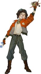  1boy :d absurdres arm_up aviator_goggles baggy_pants belt black_eyes bomber_jacket boots commentary disco_elysium english_commentary eyewear_on_head flower flower_request glasses gloves grin helmet highres holding holding_flower holding_toy jacket kim_kitsuragi kozmoraven1610 male_focus orange_gloves orange_jacket pants shirt_tucked_in smile solo standing sweater toy toy_airplane turtleneck turtleneck_sweater variant_set vest white_vest 