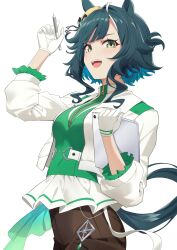  1girl animal_ears aqua_eyes aqua_tail arm_up black_shorts commentary_request drawing_tablet ears_through_headwear gloves green_vest hat highres holding holding_stylus holding_tablet_pc horse_ears horse_girl horse_tail jacket kagari_liroi kiseki_(miracle_author)_(umamusume) kiseki_(umamusume) looking_at_viewer multicolored_hair open_clothes open_jacket open_mouth short_hair shorts sidelocks simple_background smile solo streaked_hair stylus tablet_pc tail umamusume vest white_background white_gloves white_jacket white_streaks yellow_hat 