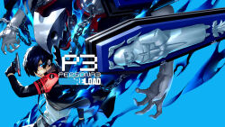  1boy absurdres armband black_gloves black_jacket blue_background bow chain coffin copyright_logo copyright_name digital_walkman earphones evoker feet_out_of_frame finger_on_trigger fire flaming_eye gloves gun hand_up highres holding holding_gun holding_weapon holster jacket logo long_sleeves mp3_player official_art open_clothes open_jacket persona persona_(summon) persona_3 persona_3_reload red_armband red_bow red_eyes s.e.e.s second-party_source shimada_azusa shirt short_hair simple_background thanatos_(persona) walkman_nw-s203f weapon white_shirt yuuki_makoto_(persona_3) 