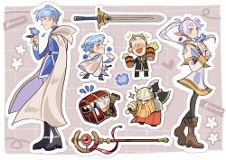 1girl 3boys absurdres alos_(alosrovolo) axe beard beer_mug black_boots black_pantyhose blonde_hair blue_flower blue_hair blue_jacket blush boots border brown_background brown_boots capelet chibi chibi_inset cloak closed_mouth cup dwarf earrings eisen_(sousou_no_frieren) elf facial_hair fake_horns flower forget-me-not_(flower) frieren full_body gold_trim green_eyes grey_hair grid_background hair_between_eyes heiter helmet highres himmel_(sousou_no_frieren) holding holding_axe holding_cup holding_flower horned_helmet horns jacket jewelry long_hair mimic mimic_chest mole mole_under_eye mug multiple_boys open_mouth over_shoulder pants pantyhose parted_bangs pointy_ears shirt short_hair skirt smile sousou_no_frieren sparkle staff striped_clothes striped_shirt sword treasure_chest twintails weapon weapon_over_shoulder white_border white_capelet white_cloak white_jacket white_pants white_skirt 